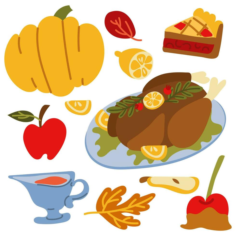 un conjunto de artículos para un acción de gracias mesa. vector conjunto de otoño elementos con asado pavo, dibujos animados calabaza alimento, maíz, caramelo manzana, tarta. contento acción de gracias. cosecha festival diseño de otoño pegatinas