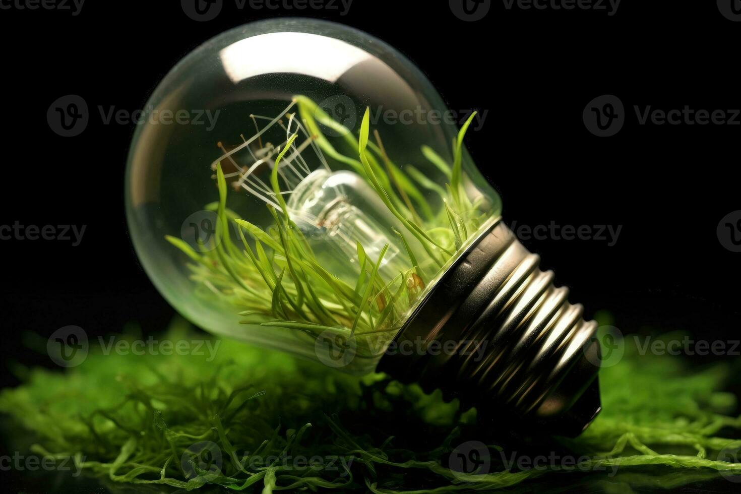 Light bulb and grass, smart energy consumption concept, digital illustration. Generative AI photo