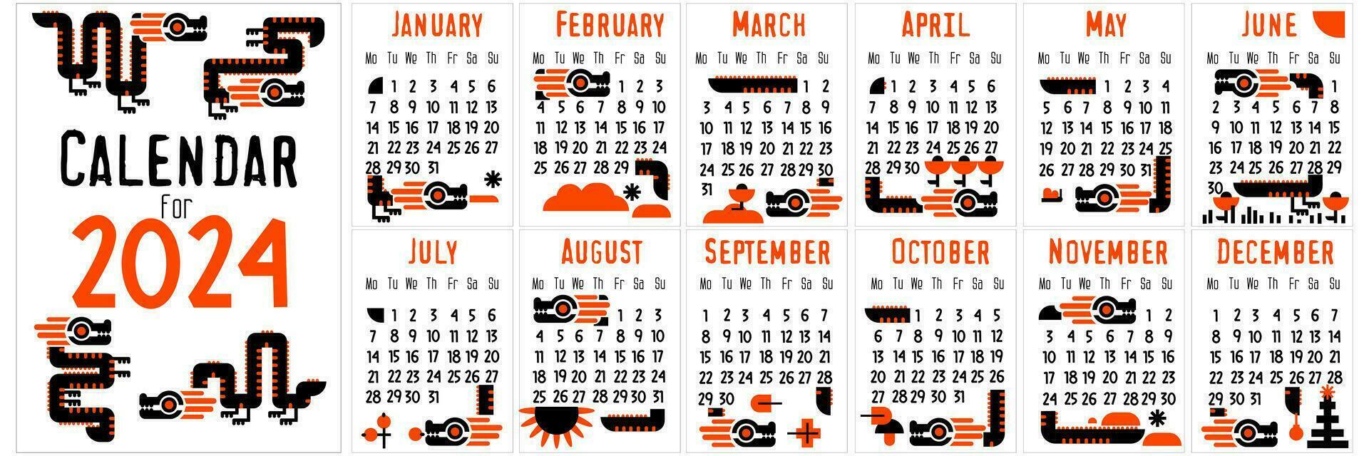 The Dragon calendar for 2024. Isolated on a white background. Cover and pages for 12 months with seasonal flat vector cute illustrations in black and orange colors. Bright geometric animals