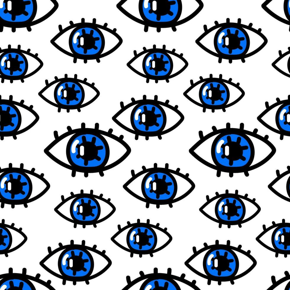 Seamless drawing in the style of psychedelic colored eyes. Open blue eyes of different sizes look forward. Pattern for printing on fabric covers, books, fabrics vector