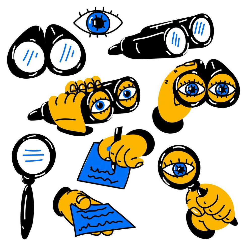 A set of hands hold a magnifying glass, binoculars, pen, paper and objects separately, eyes. The concept of search, vacancies, detective. Cartoon flat vector collection isolated on white background