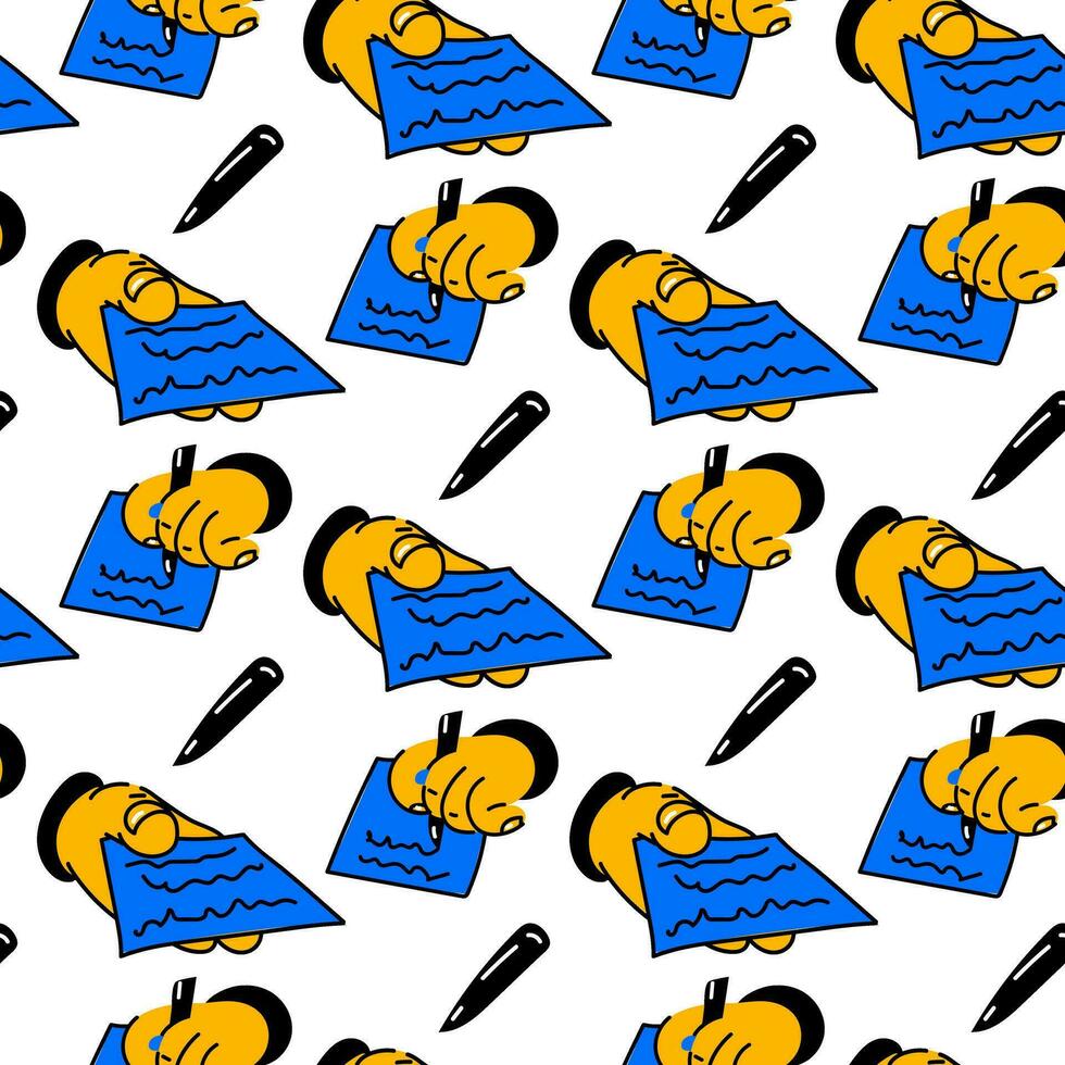 A pattern with hands signing documents and transmitting them. Record, signature, explanation, letter, filling out forms, contract. Agreement of the parties, power of attorney, data transfer on white vector