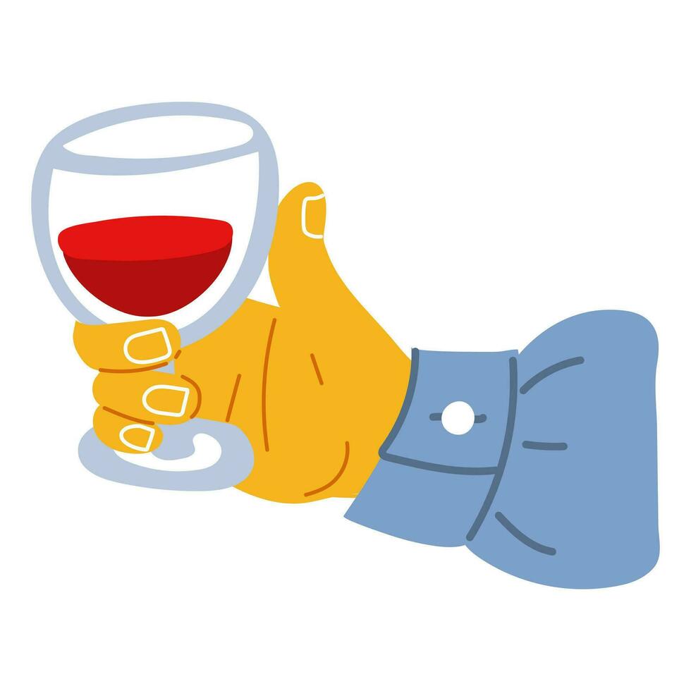A hand holding a glass of red wine in a flat style. Bright colors of the hand with a glass. A hand with a glass in his shirt. Festive meeting with wine, drinking, clinking glasses, tasting vector