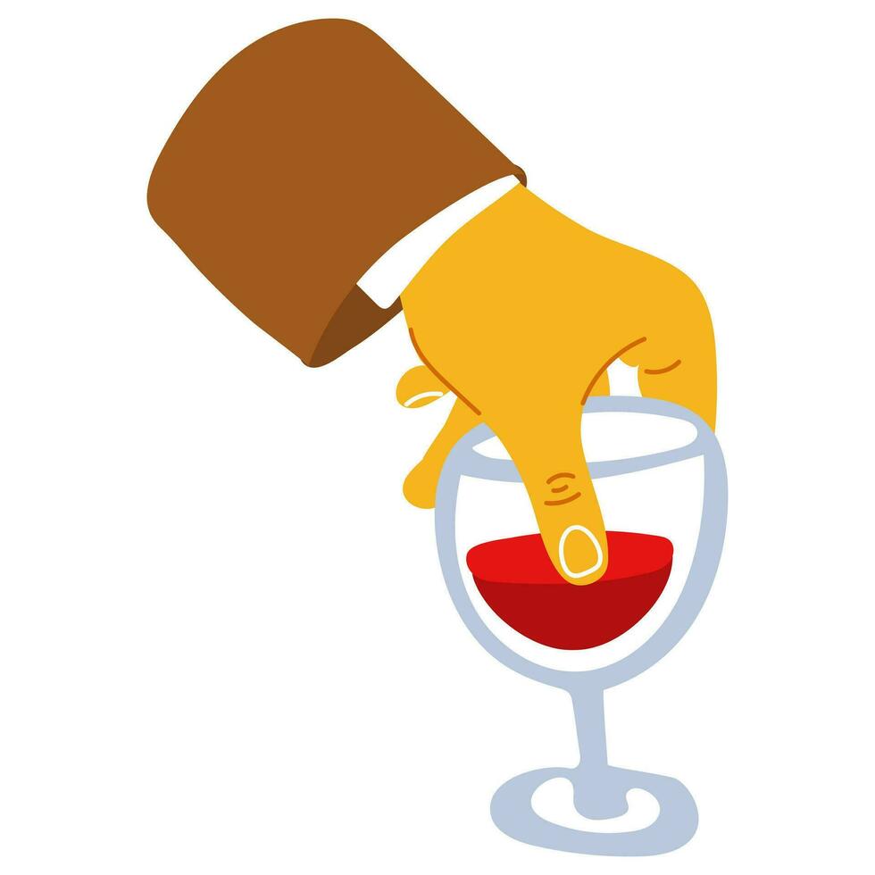 A hand holding a glass of red wine in a flat style. Bright colors of the hand with a glass. A hand with a glass in his jacket. Festive meeting with wine, drinking, clinking glasses, tasting vector