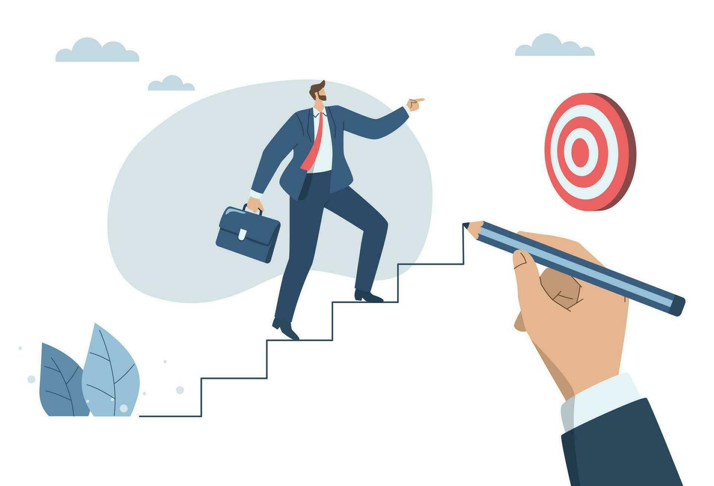 Business leaders or corporate consultants provide advice and assistance to the company's employees. Leading you to business success, Big hand uses pencil to draw stairs helping businessman walk up. vector