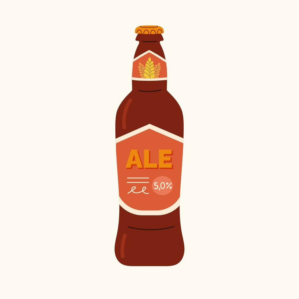 Malt ale in a brown glass bottle. Refreshing low-alcohol cold drink. Design elements for menu restaurant, bar, pub. vector