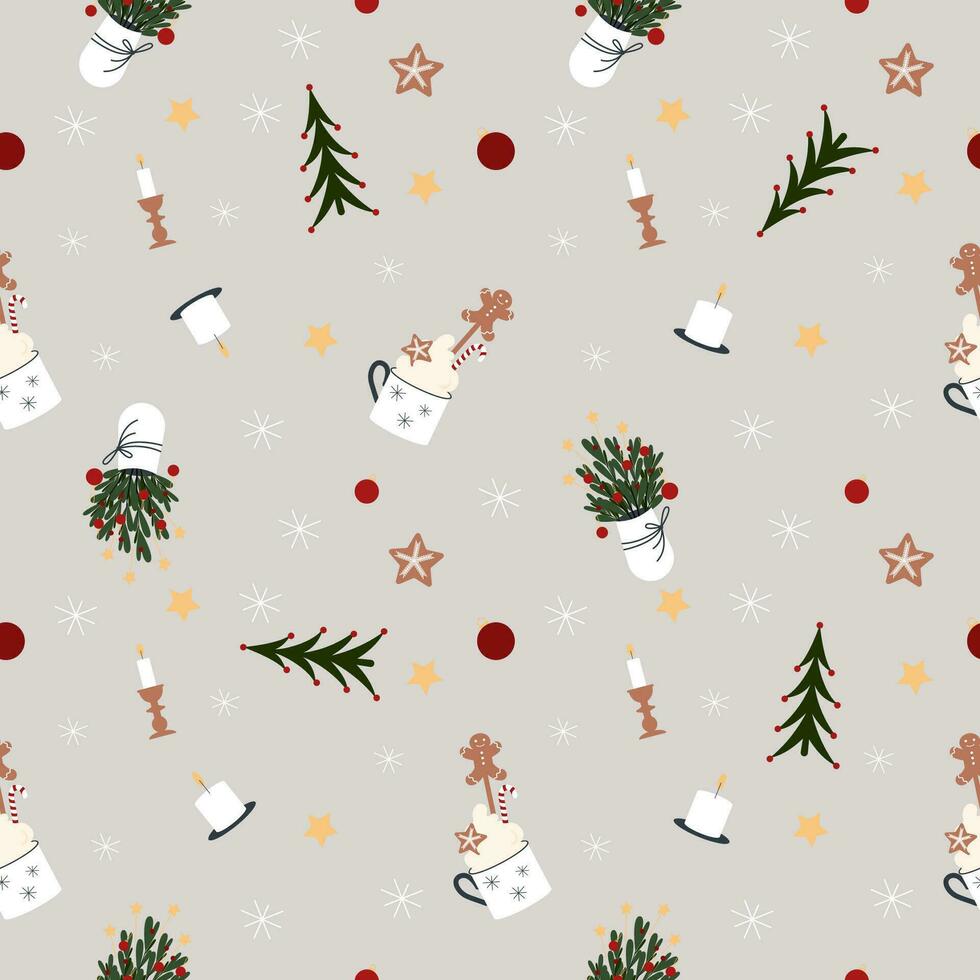 Vector Xmas seamless pattern with Christmas bouquet, decorations, cacao cup, gingerbread man, star, snowflakes, candles and noel tree.