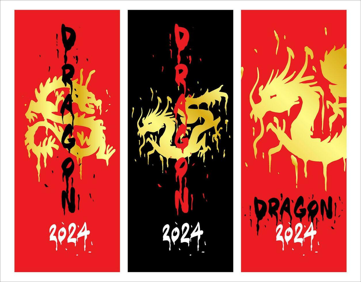 The Year of the Dragon is 2024. Chinese New Year. Vertical layouts of gold and red dragon. Asian symbol. vector