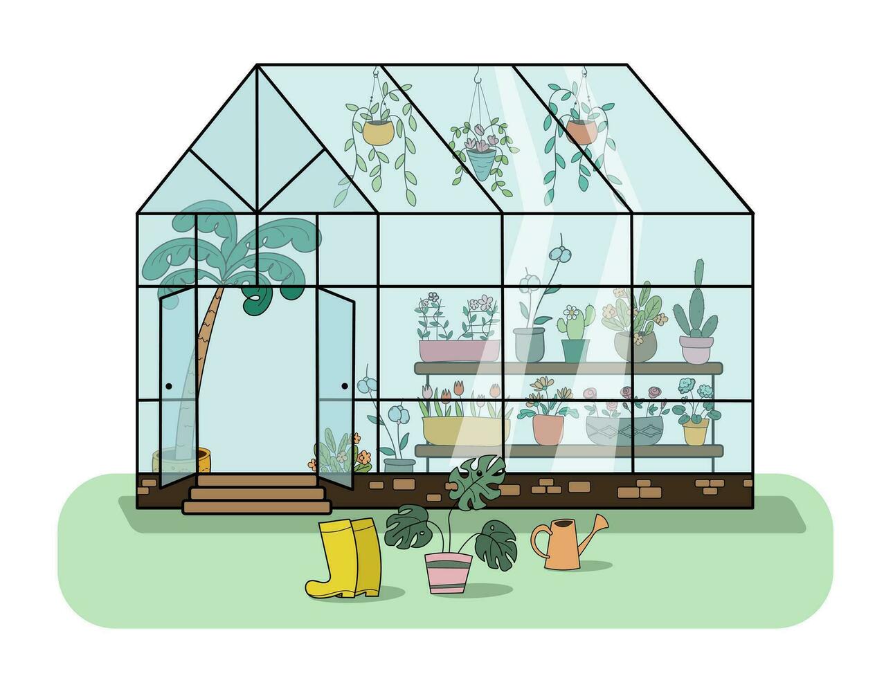 Greenhouse with plants and gardening supplies, boots and watering can. vector