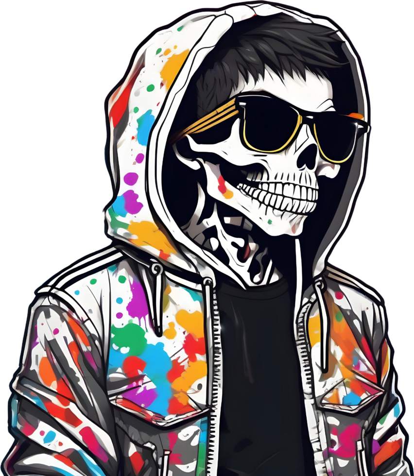 a cute cartoon skeleton wearing a hoodie with a colorful style. AI-generated. png
