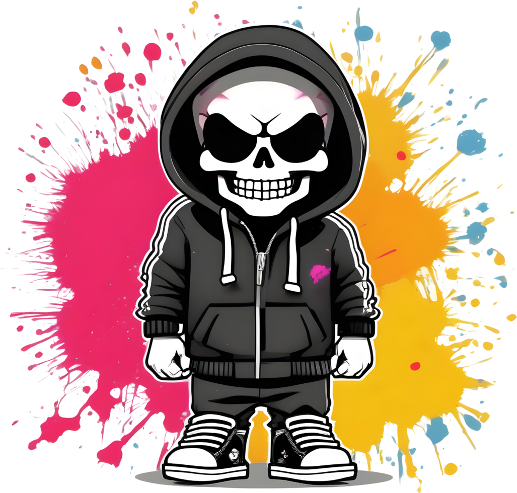 a cute cartoon skeleton wearing a hoodie with a colorful style. AI-generated. png