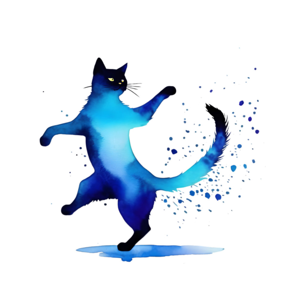 Spritzen bewirken von das Aquarell von ein Tanzen Katze. KI-generiert. png
