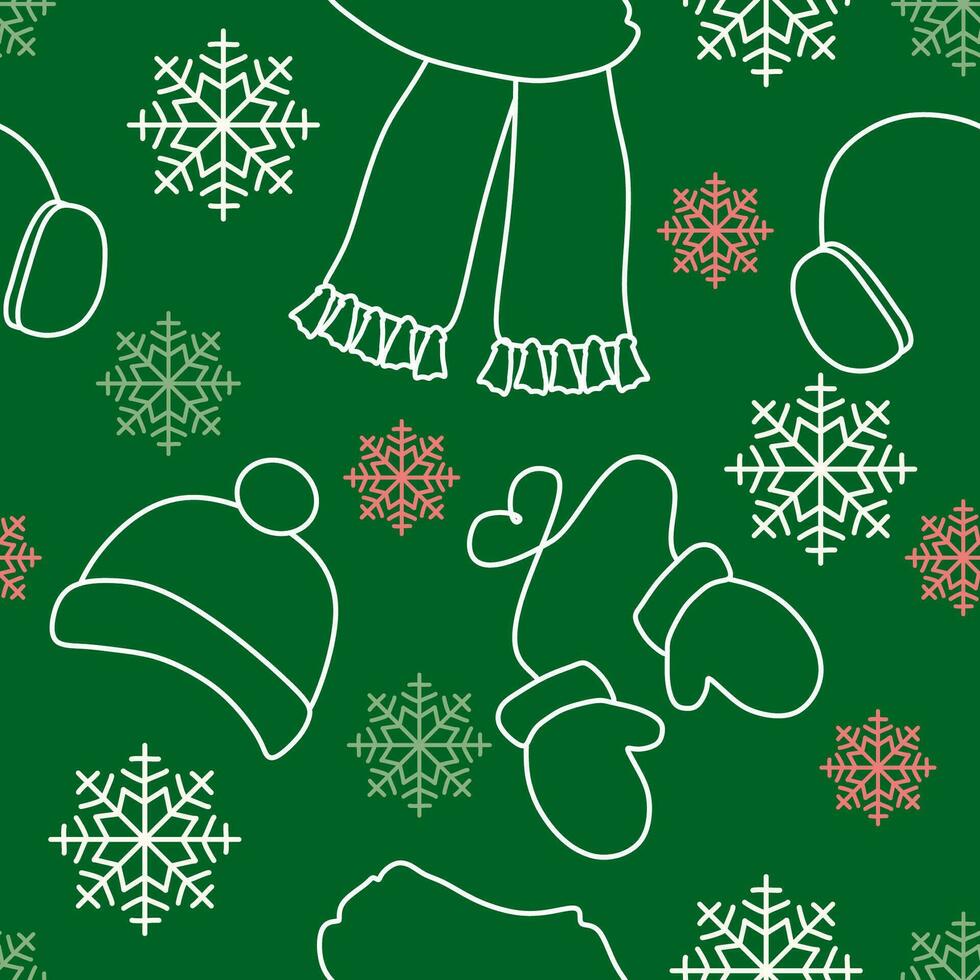 Seamless pattern with Winter clothes. Scarf, Hat, Mittens and Headphones on the background with snowflakes. Line art or Outline style. Vector Endless illustration for Template, Fabric, Textile, Banner