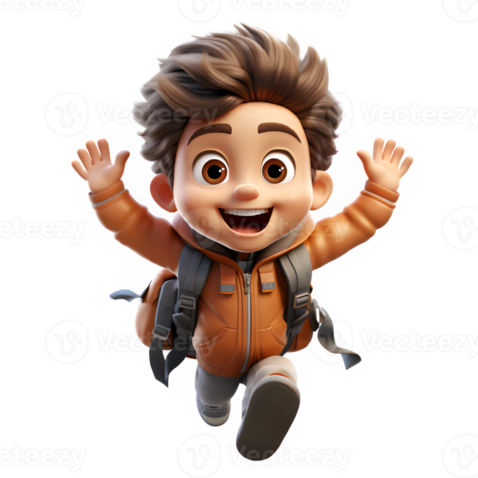 little boy jumping with a happy expression,3d cartoon of a little boy running happily ,generative ai png