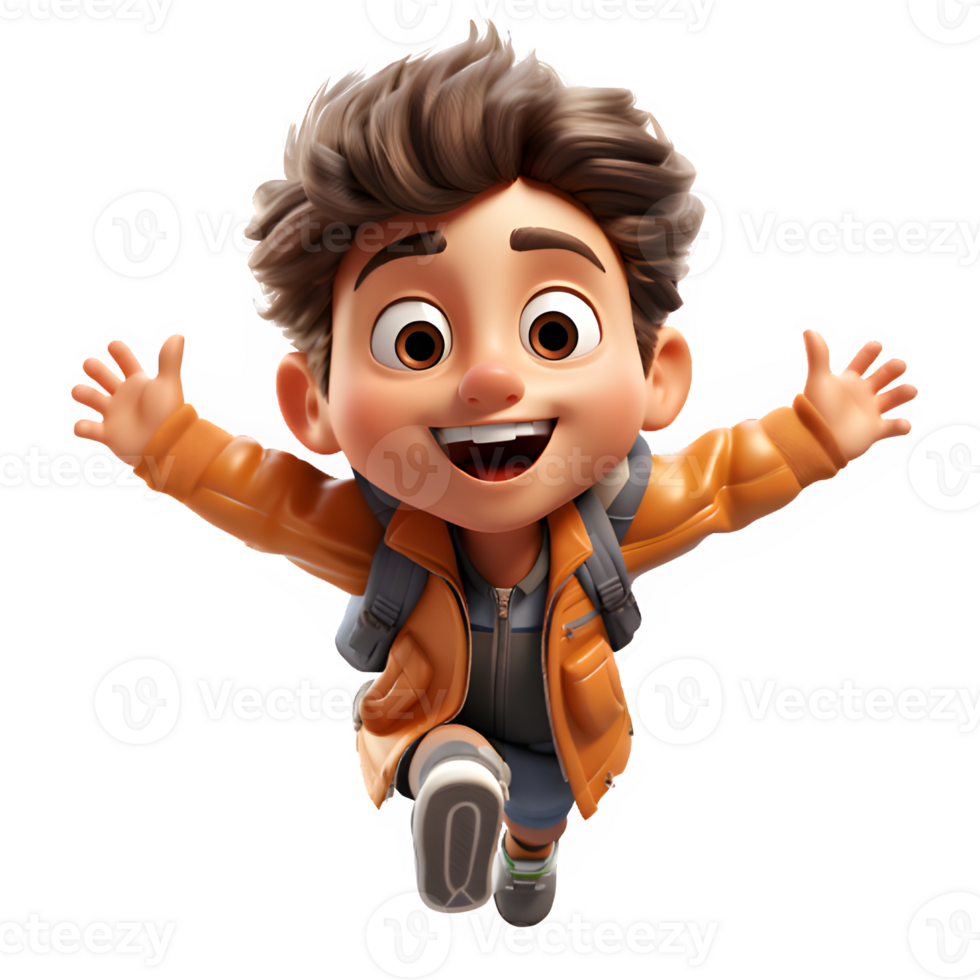 little boy jumping with a happy expression,3d cartoon of a little boy running happily ,generative ai png