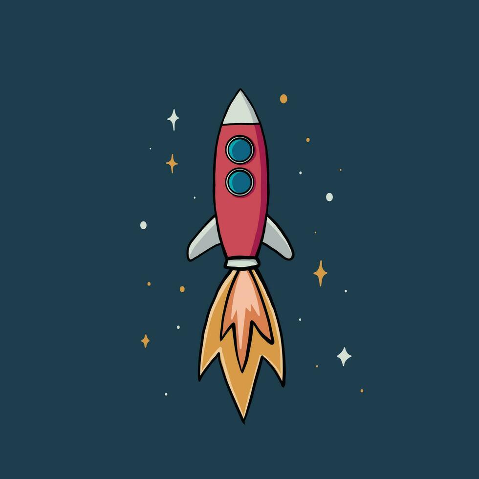 vector illustration of rocket in space, spaceship hand drawn flat design style with stars as background