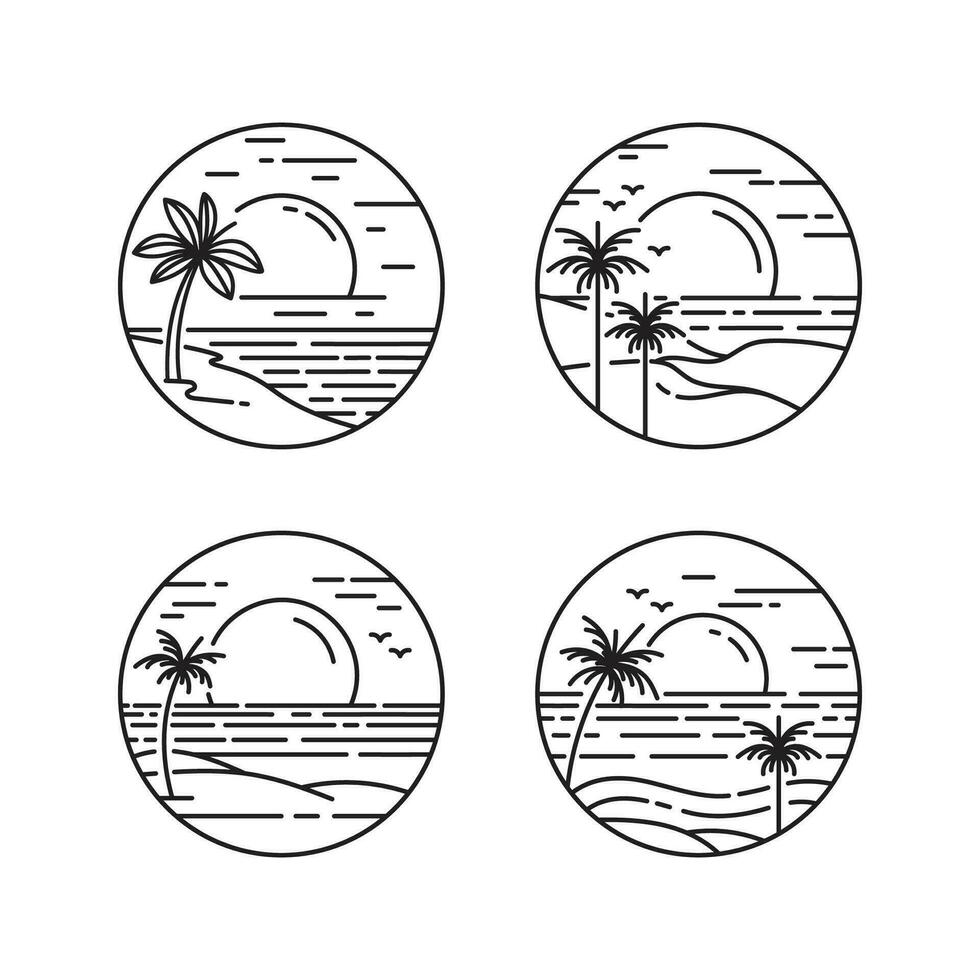 tropical playa logo colección línea Arte estilo diseño. ilustración de palma árboles, puesta de sol en tropical playa isla vector