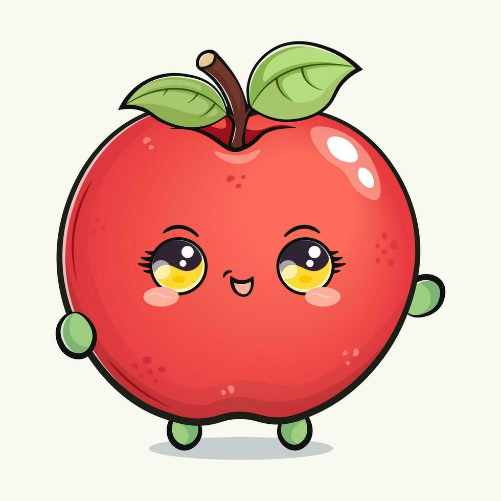 Cute funny Red apple waving hand. Vector hand drawn cartoon kawaii character illustration icon. Isolated on green background. Red apple character concept