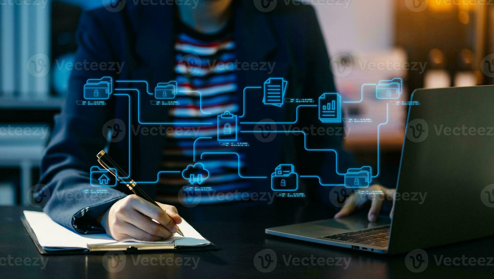 Blockchain financial technology to secure cryptocurrencies for online payment and digital transaction. Fintech concept. Man working on laptop computer, smartphone and tablet. with virtual icon diagram photo