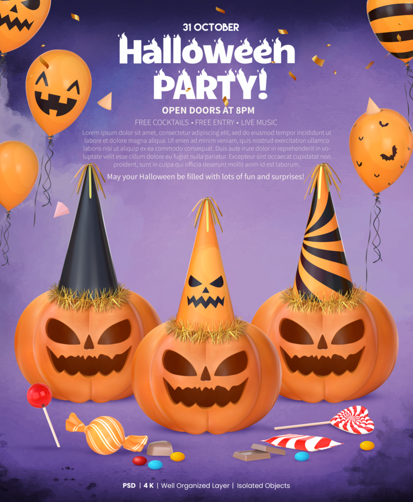 Halloween Party Poster Template With 3D Rendering Pumpkins With Party Hats, Balloons And Candies psd