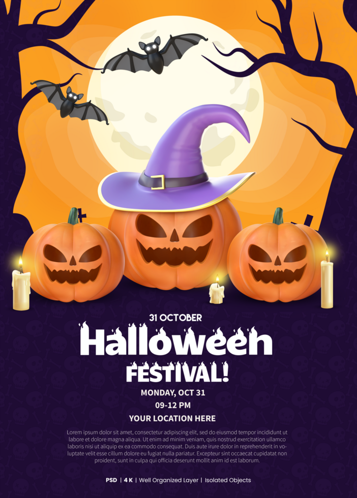 Halloween Festival Poster Template With 3D Rendering Pumpkins, Candles And Bats psd