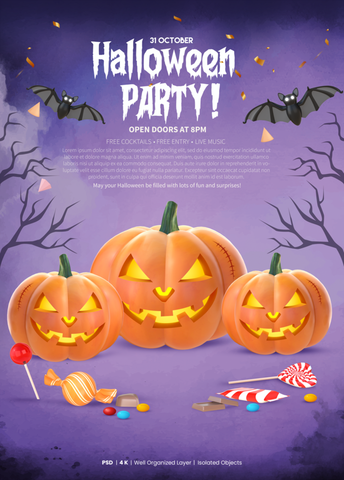halloween partij poster sjabloon met 3d renderen pompoenen, vleermuizen en snoepjes psd