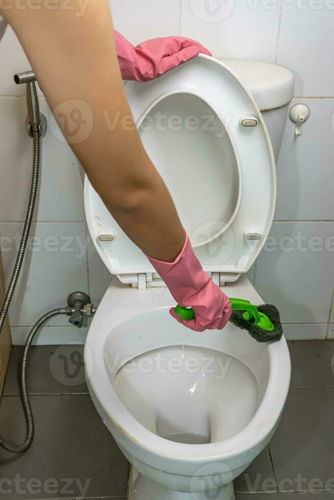 Woman cleaning toilet photo