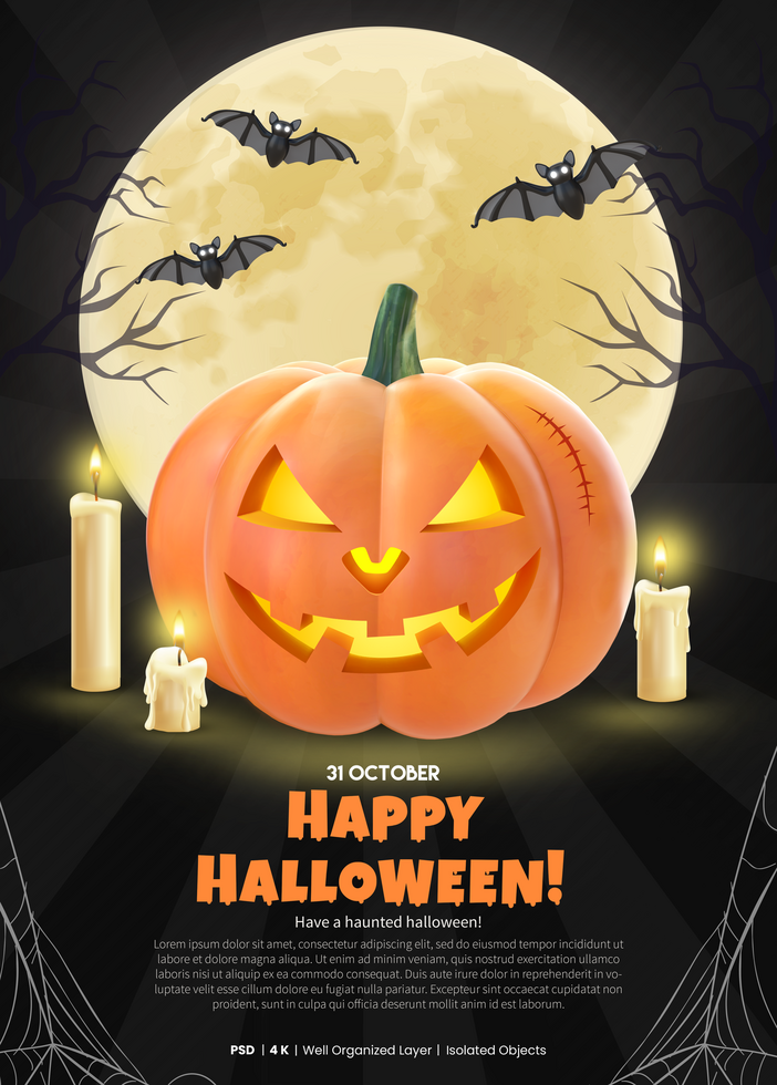 Happy Halloween Poster Template With 3D Rendering Pumpkin, Candles And Bats psd