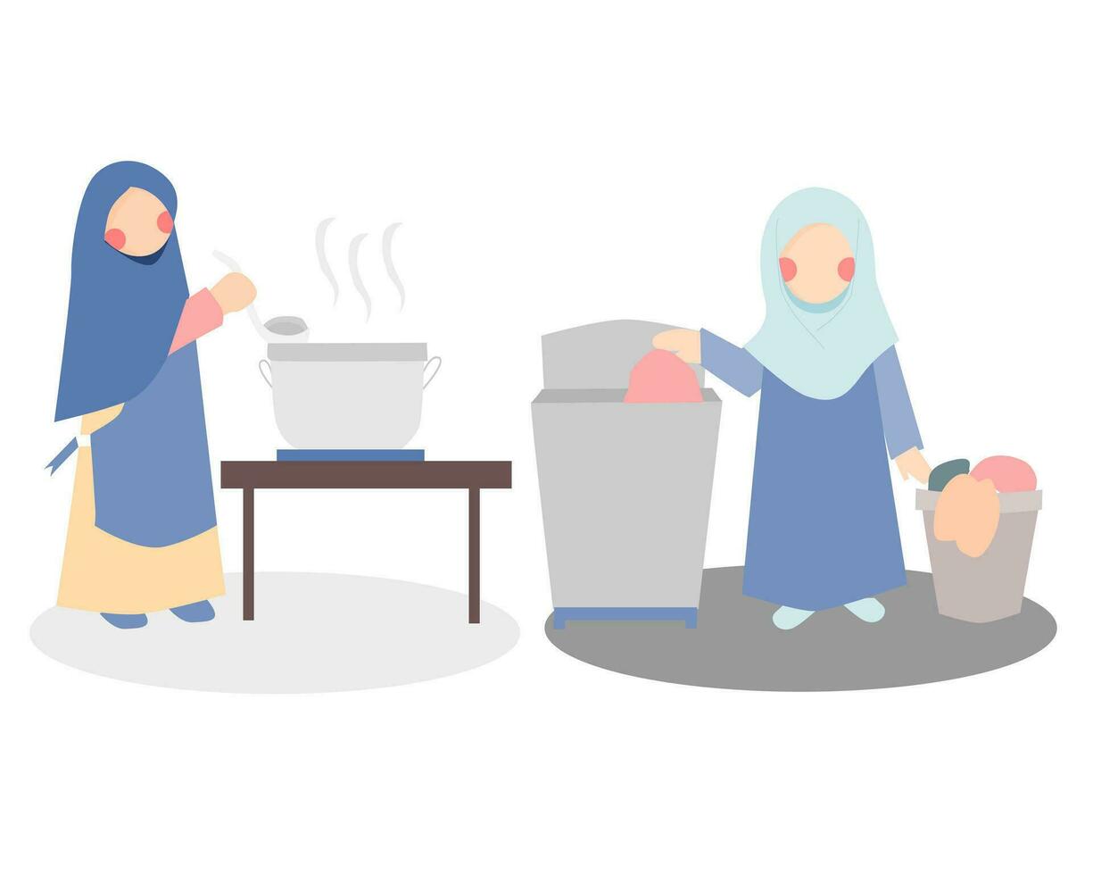 Hijab Mother Cooking and Doing Laundry Illustration vector