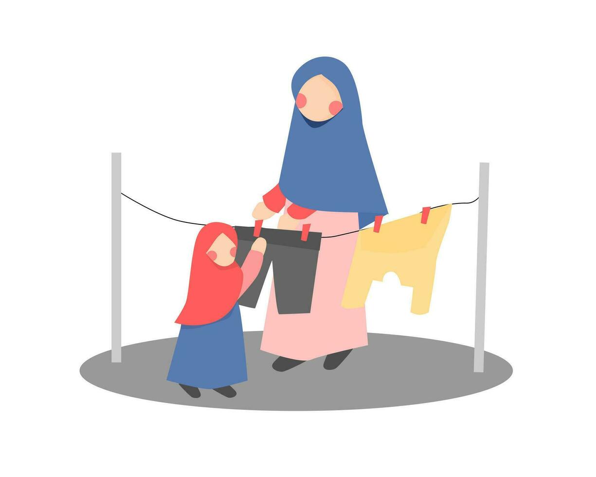 madre y hija el secado ropa ilustración vector