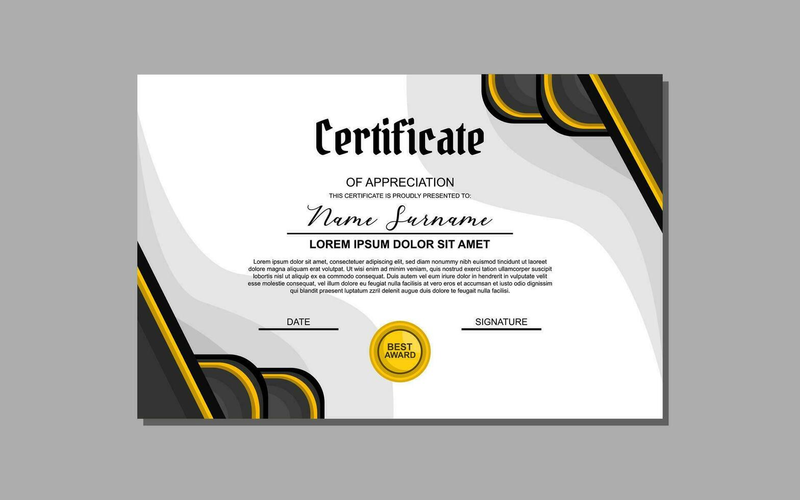 A certificate template featuring an elegant gold and black design. Suitable for creating professional certificates for awards, achievements, and recognition in various industries. vector