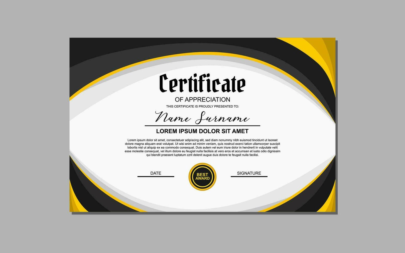 A certificate template featuring an elegant gold and black design. Suitable for creating professional certificates for awards, achievements, and recognition in various industries. vector