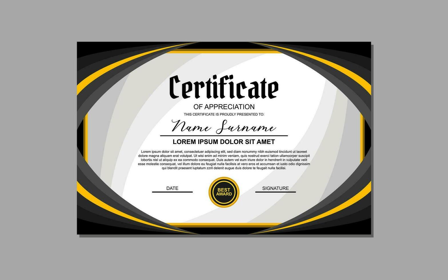 A certificate template featuring an elegant gold and black design. Suitable for creating professional certificates for awards, achievements, and recognition in various industries. vector