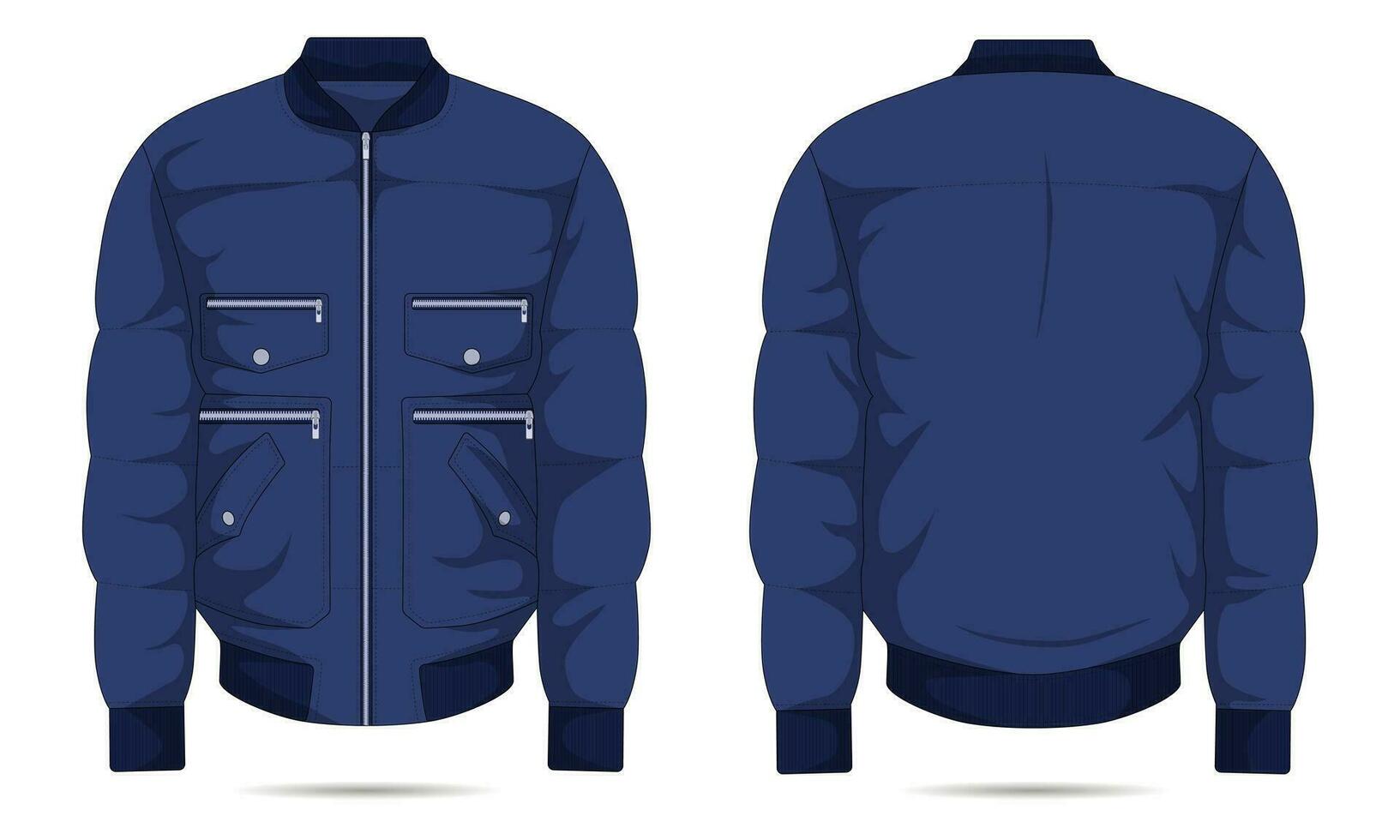 Blue bomber jacket mockup with zipper front and back view vector