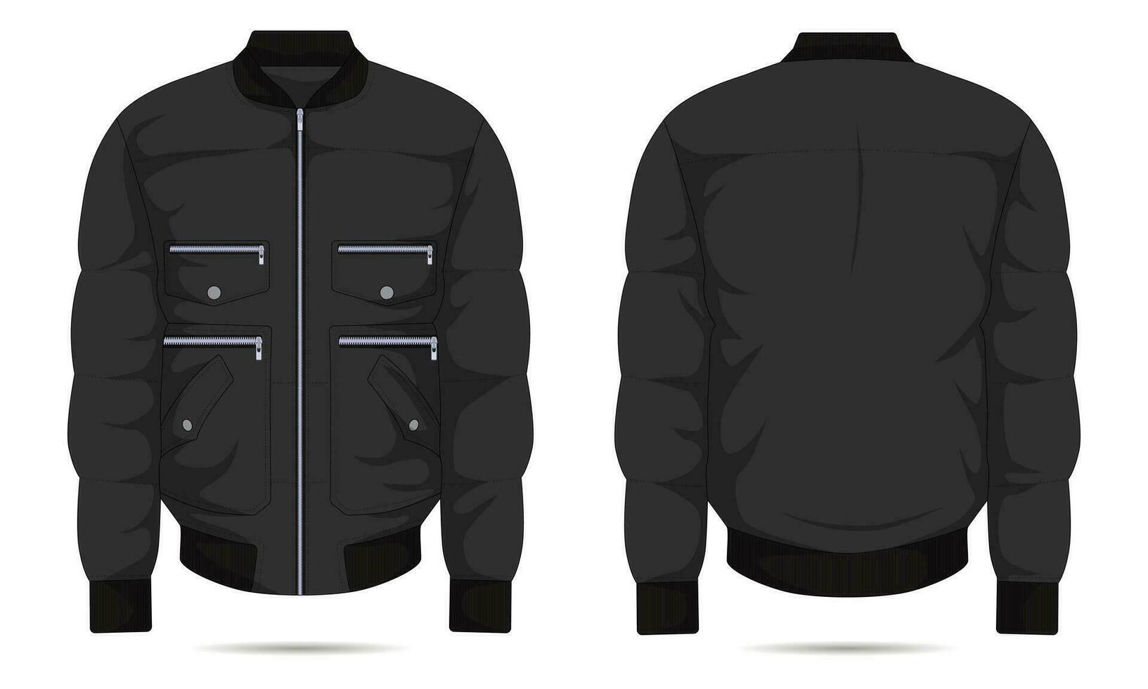 Black bomber jacket with zips and pockets front back view vector