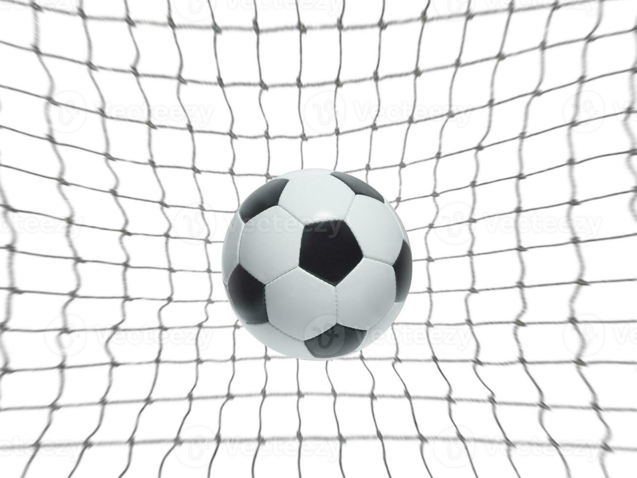 fútbol pelota en el red en un blanco antecedentes foto