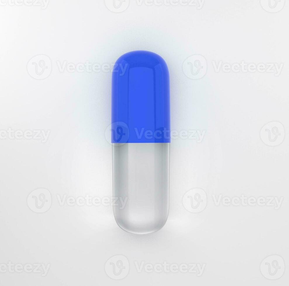 Empty blue and glass capsule, medical pill isolated on white photo