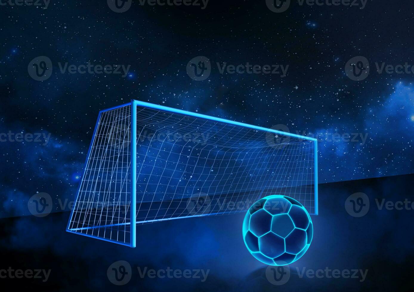 Soccer ball with bright blue glowing neon lines. and Football Goal in the Planet view from space photo