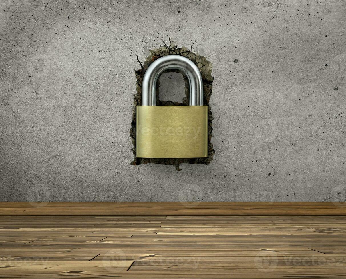 Golden padlock locked in a cracked room wall photo