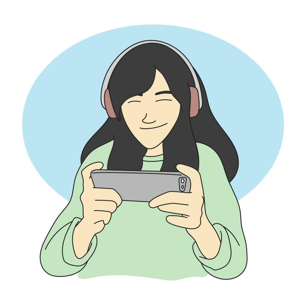 joven mujer vistiendo auriculares y jugando en línea juego en teléfono inteligente ilustración vector mano dibujado aislado en blanco antecedentes