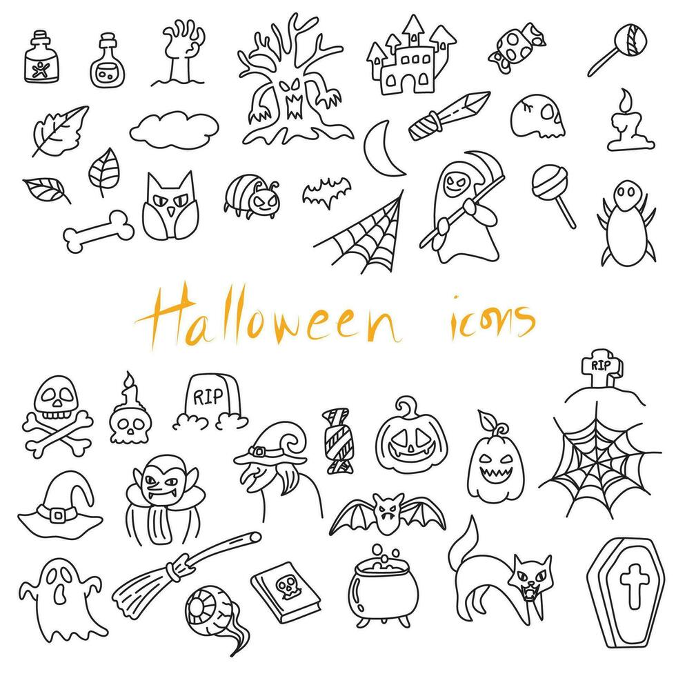 set of hallween drawing doodle illustration vector hand drawn isolated on white background