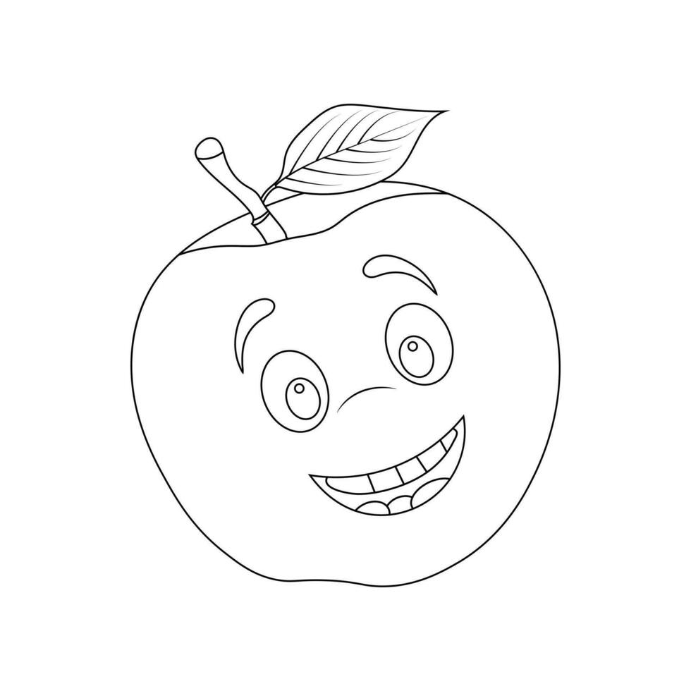Apple coloring page for kids. Black and White, line art, simple cartoon style, happy cute and funny fast food. Funny Cartoon food in kawaii style. Vector kawaii food