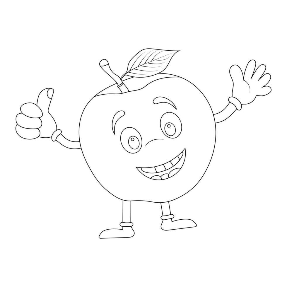 Apple coloring page for kids. Black and White, line art, simple cartoon style, happy cute and funny fast food. Funny Cartoon food in kawaii style. Vector kawaii food