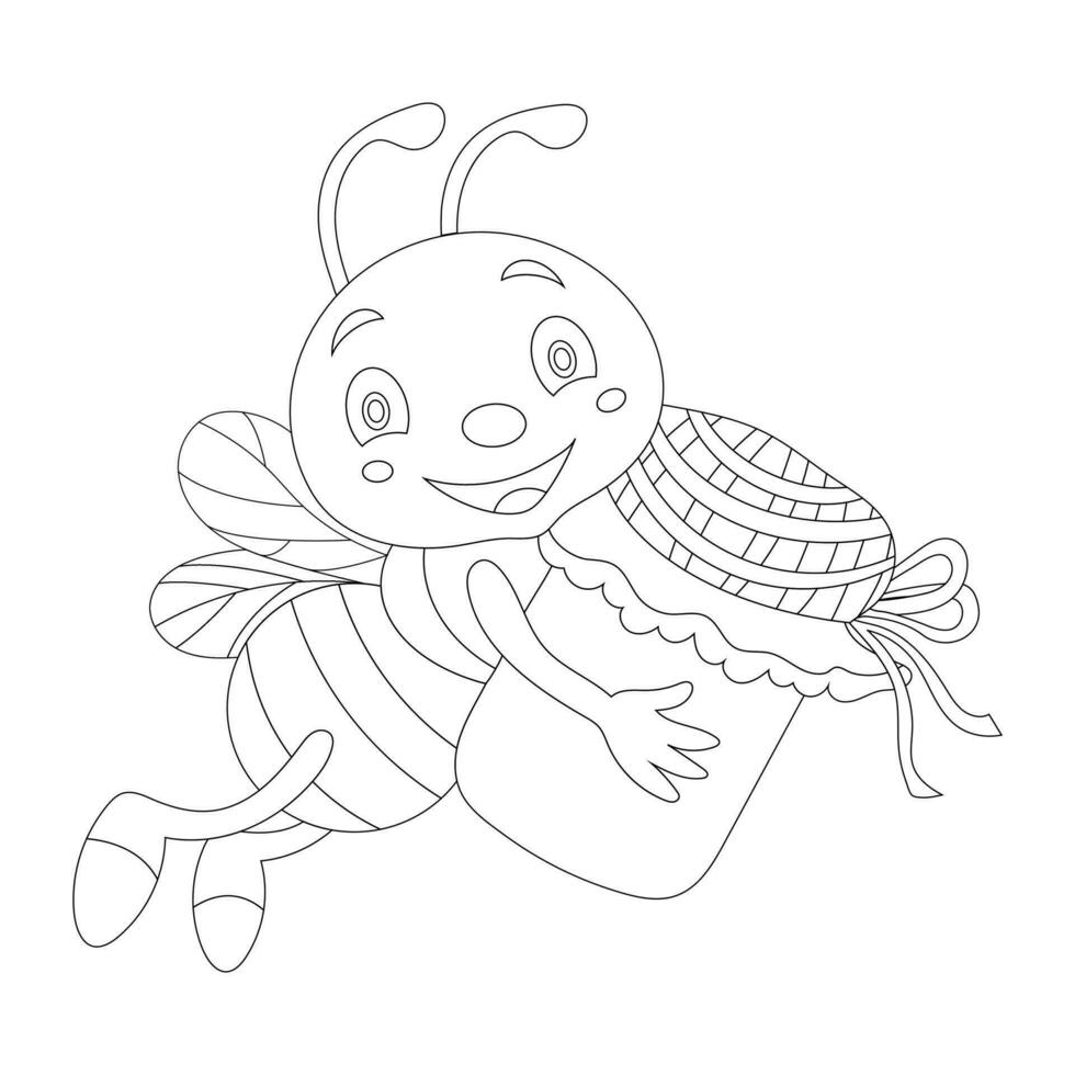 Bee Coloring Page for kids. Vector black line illustration. Bug, insect, bee, butterfly, snail. Funny bee cartoon characters vector illustration. For kids coloring book