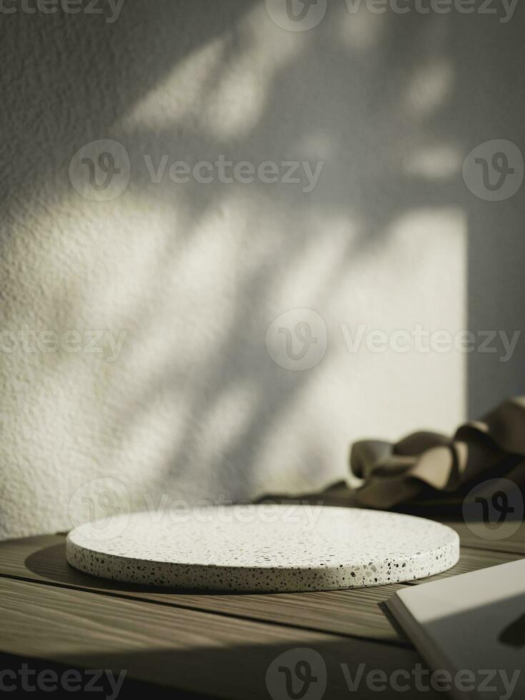 3d display podium on wooden table against concrete wall with tree shadow. 3d rendering of realistic presentation for product advertising. 3d illustration. photo