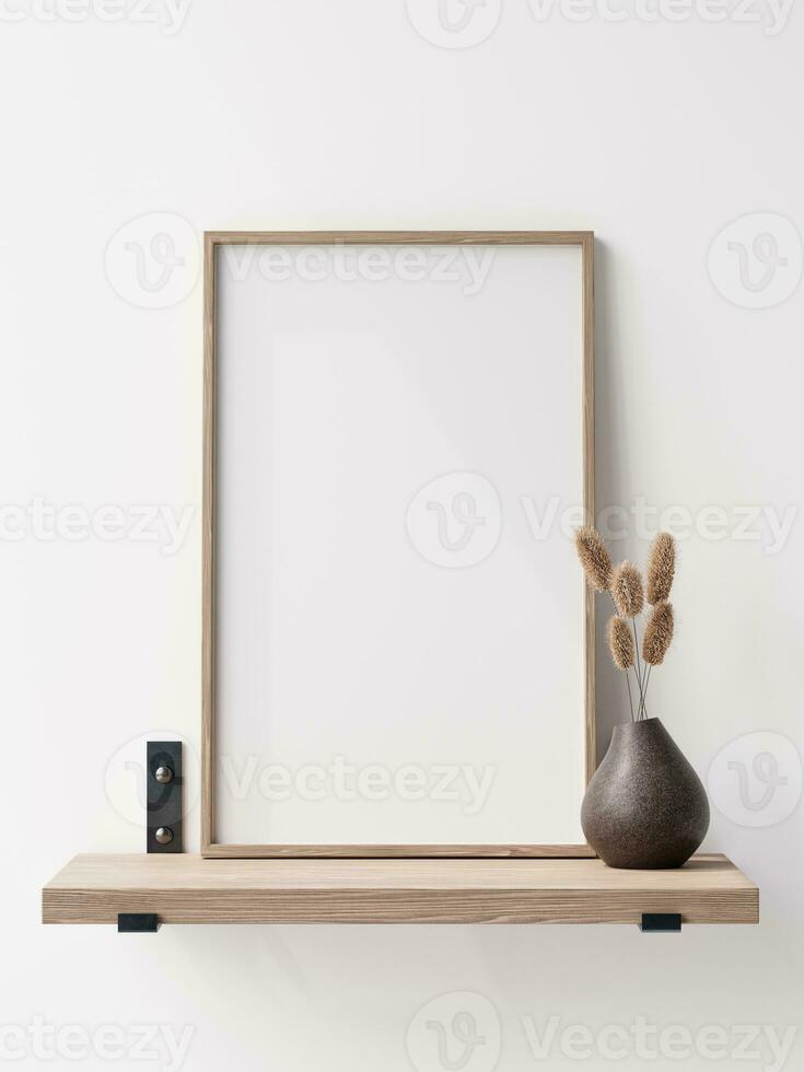 3d picture frame with pampas grasses in vase on wooden shelf against white wall. 3d illustration. photo