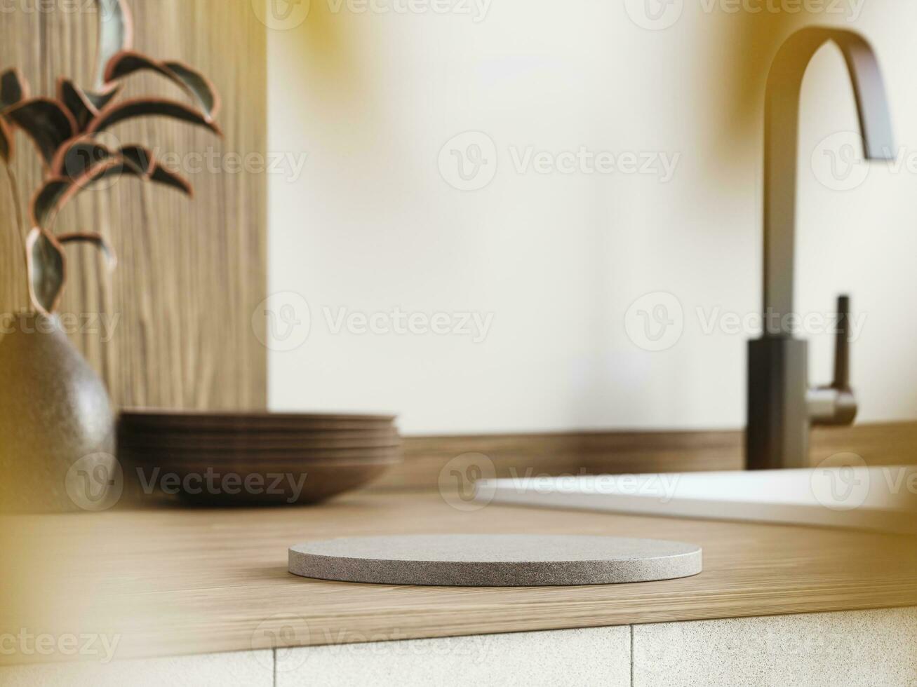 3d granite display podium with plant vase, faucet and sink on wooden counter bar in the kitchen. 3d rendering of realistic presentation for product advertising. 3d minimal illustration. photo