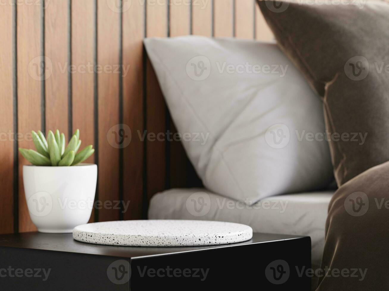 3d terrazzo display podium with succulent on black table in bedroom. 3d rendering of realistic presentation for product advertising. 3d illustration. photo