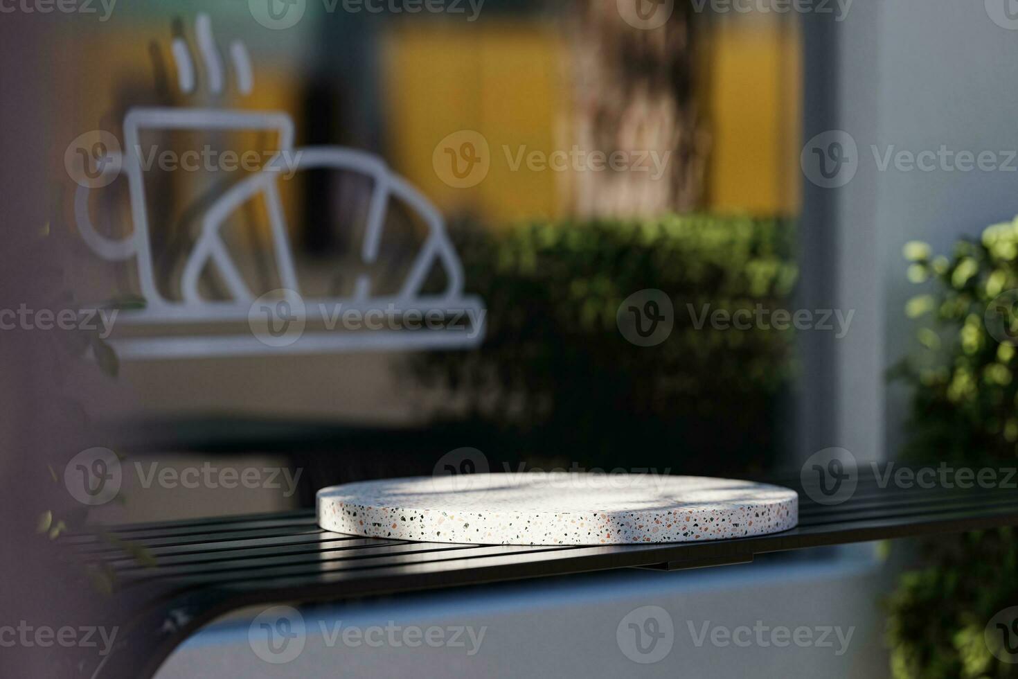3d terrazzo display podium on the dark steel bench with blurred background. 3d rendering of realistic presentation for product advertising. interior illustration. photo