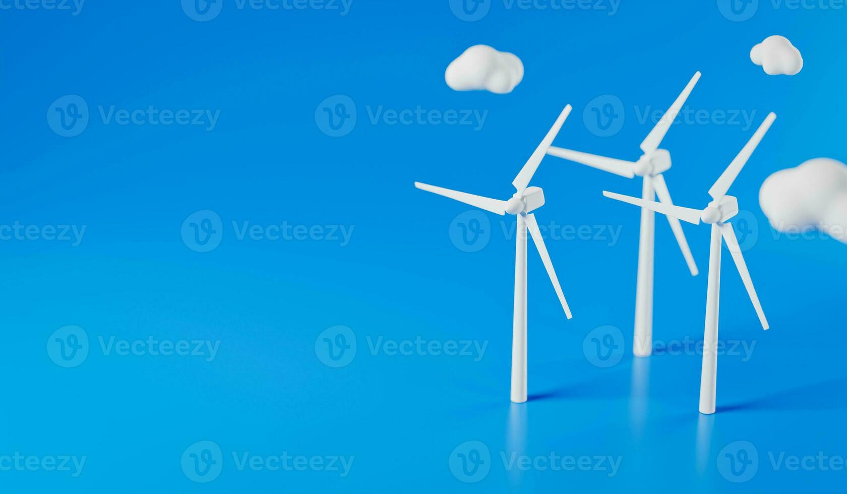 3d rendering of abstract wind turbines with clouds isolated on blue background. 3d illustration. Alternative power concept. photo